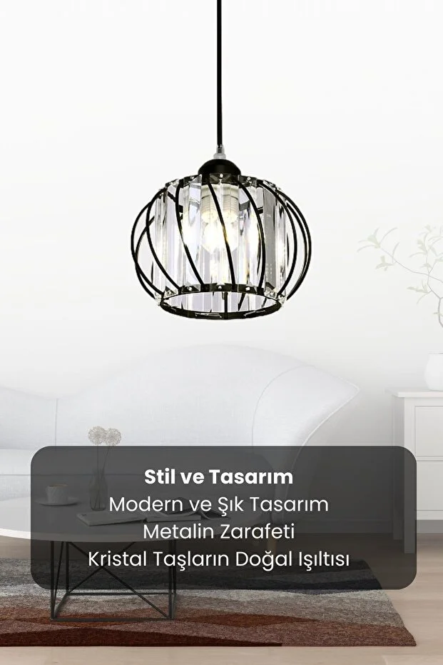 Quattro Model Siyah Renk Kaplama Metal Kristal Taşlı Salon Oturma Odası Tavan Sarkıt Avize